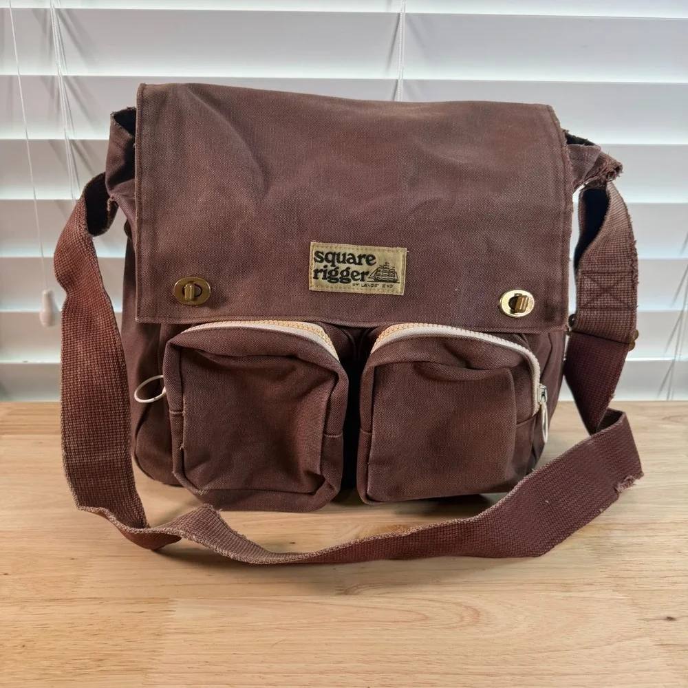 Lands' End Square Rigger Brown Canvas Durable Classic Flap Front Messenger Bag